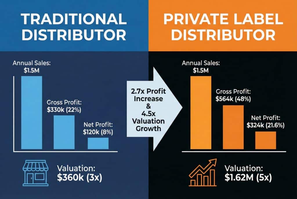 אינפוגרפיקה המשווה את הביצועים הפיננסיים של מפיץ מסורתי לעומת מפיץ מותג פרטי, שניהם עם מכירות שנתיות של $1.5 מיליון. תרשימי העמודות מראים כי המודל של המותג הפרטי משיג רווח גולמי גבוה משמעותית ($564k לעומת $330k), רווח נקי ($324k לעומת $120k) והערכת שווי עסקית ($1.62M לעומת $360k). חץ מרכזי מדגיש "עלייה ברווח של פי 2.7 וצמיחה בשווי של פי 4.5" באמצעות אימוץ אסטרטגיית המותג הפרטי.
