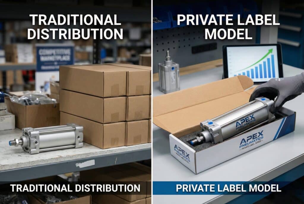 תמונה במסך מפוצל המשווה בין "הפצה מסורתית" בצד שמאל ל"מודל מותג פרטי" בצד ימין. בצד שמאל נראים צילינדר פנאומטי ללא מותג וקופסאות חומות פשוטות במחסן עמוס, עם שלט "שוק תחרותי" ברקע. בצד ימין נראים צילינדר ממותג "APEX PNEUMATICS" המונח בתוך קופסה מותאמת אישית בסביבת עבודה נקייה, עם טאבלט המציג גרף מכירות עולה.