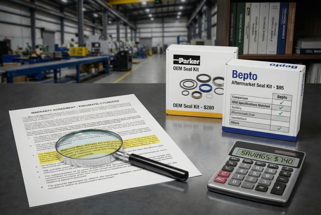 תצלום מקצועי על שולחן תעשייתי מציג מסמך "הסכם אחריות" עם זכוכית מגדלת המדגישה את הסעיף "חוק האחריות של מגנוסון-מוס". לידו נמצאות שתי קופסאות של ערכות אטמים פנאומטיים: ערכת אטמים ממותגת "Parker OEM Seal Kit" במחיר $280 וערכת אטמים "Bepto Aftermarket Seal Kit" במחיר $95, עם טבלת השוואה המציגה את התאמת Bepto למפרטי OEM. מחשבון מציג "חיסכון: $740", הממחיש את היתרון הכלכלי. הרקע הוא רצפת מפעל מטושטשת ומדף ספרים.