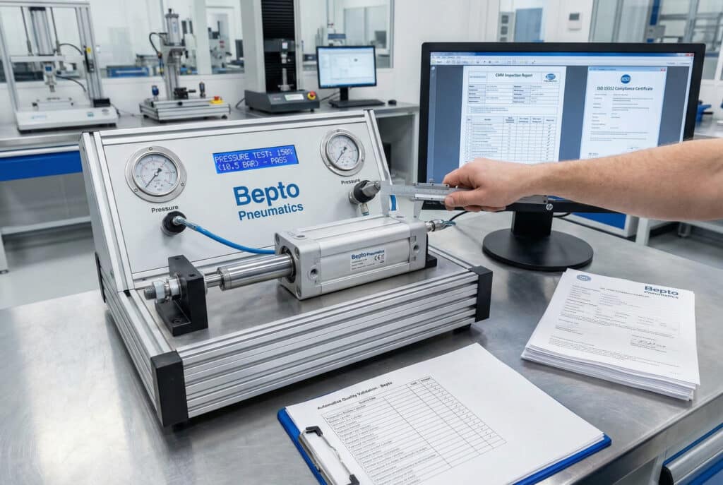 A mão de um técnico de controlo de qualidade utiliza um paquímetro para medir um cilindro sem haste 'Bepto Pneumatics' durante um teste de pressão. O ecrã digital no banco de ensaios indica "TESTE DE PRESSÃO: 150% (10,5 BAR) - APROVADO". Num monitor próximo, são visíveis um 'Relatório de Inspeção CMM' e um 'Certificado de Conformidade ISO 15552'. Uma prancheta com uma lista de verificação intitulada "Validação da Qualidade Automóvel - Bepto" e certificações de materiais encontram-se na bancada de trabalho.