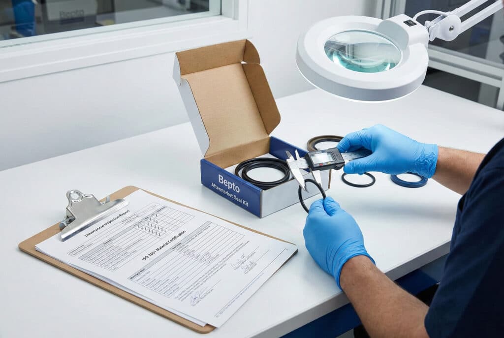 טכנאי בקרת איכות החובש כפפות ניטריל כחולות משתמש בקליפר דיגיטלי כדי לאמת את מידותיו של טבעת O שחורה מתוך קופסה פתוחה של 'ערכת אטמים חלופיים Bepto'. לצד הערכה, על שולחן עבודה לבן ונקי, מונח לוח כתיבה המכיל 'דוח בדיקת מידות' ומסמך 'אישור חומרים ISO 3601', תחת אור מנורת מגדלת.