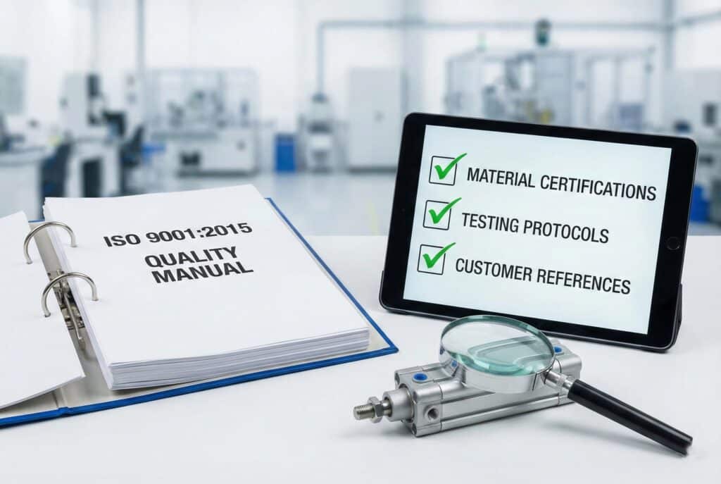 A close-up photograph of a quality control desk in a manufacturing facility, featuring an open "ISO 9001:2015 QUALITY MANUAL" binder, a tablet displaying a checklist with green checkmarks next to "MATERIAL CERTIFICATIONS," "TESTING PROTOCOLS," and "CUSTOMER REFERENCES," and a magnifying glass over a pneumatic cylinder component.