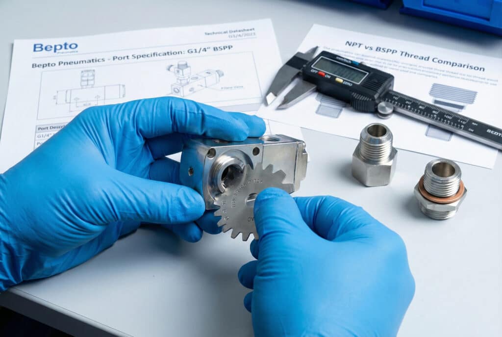 Krupni plan fotografije tehničara s plavim rukavicama na rukama, koji koristi mjerač koraka navoja od metala za mjerenje navoja na ulazu pneumatskog ventila. U pozadini su vidljivi tehnički list za Bepto Pneumatics i dokument koji uspoređuje NPT i BSPP navoje, zajedno s digitalnim mjernim mikrometrom i dva nastavka.