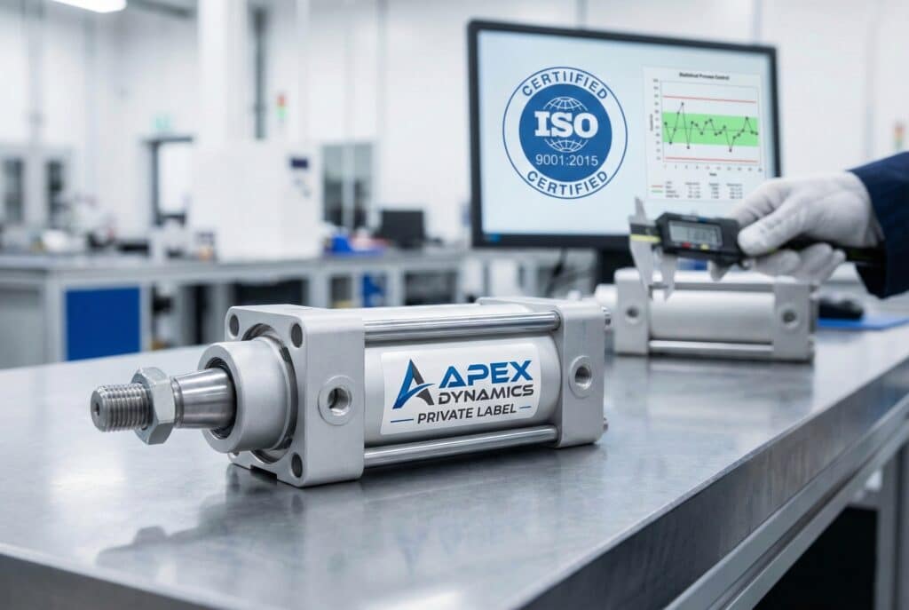 תצלום של צילינדר פנאומטי תחת מותג פרטי על שולחן בדיקה, עם צג ברקע המציג את לוגו ההסמכה ISO 9001:2015 ותרשימי בקרת תהליכים, בעוד טכנאי משתמש בקליפרים דיגיטליים לבדיקת איכות.