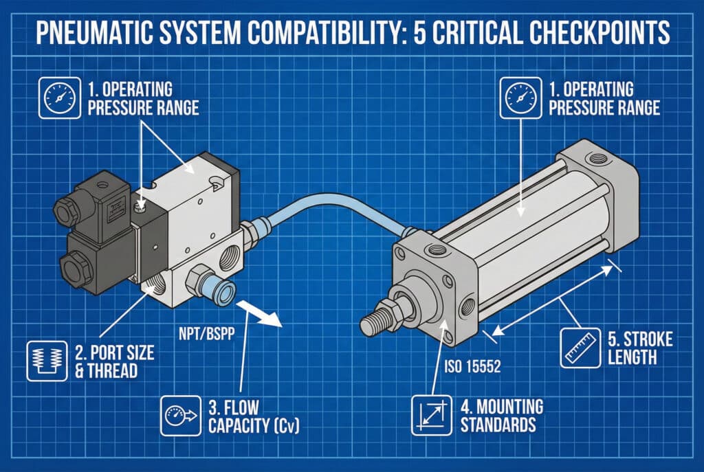 Krupni plan fotografije tehničara s plavim rukavicama na rukama, koji koristi mjerač koraka navoja od metala za mjerenje navoja na ulazu pneumatskog ventila. U pozadini su vidljivi tehnički list za Bepto Pneumatics i dokument koji uspoređuje NPT i BSPP navoje, zajedno s digitalnim mjernim mikrometrom i dva nastavka.