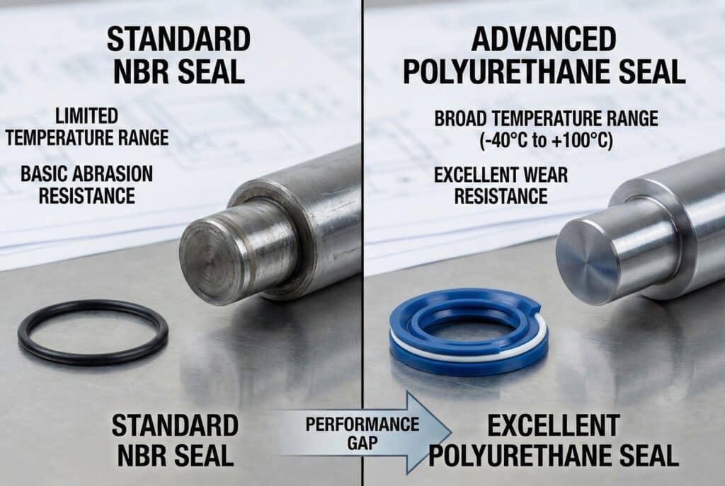 กราฟิกเปรียบเทียบแบบหน้าจอแยกที่แสดงซีลและก้านสูบ NBR สีดำมาตรฐานทางด้านซ้าย กับซีลและก้านสูบโพลียูรีเทนสีฟ้าขั้นสูงทางด้านขวา ป้ายข้อความเน้นย้ำช่วงอุณหภูมิที่จำกัดและความทนทานต่อการขัดสีขั้นพื้นฐานของซีล NBR เมื่อเทียบกับช่วงอุณหภูมิที่กว้างและความทนทานต่อการสึกหรอที่ยอดเยี่ยมของซีลโพลียูรีเทน.