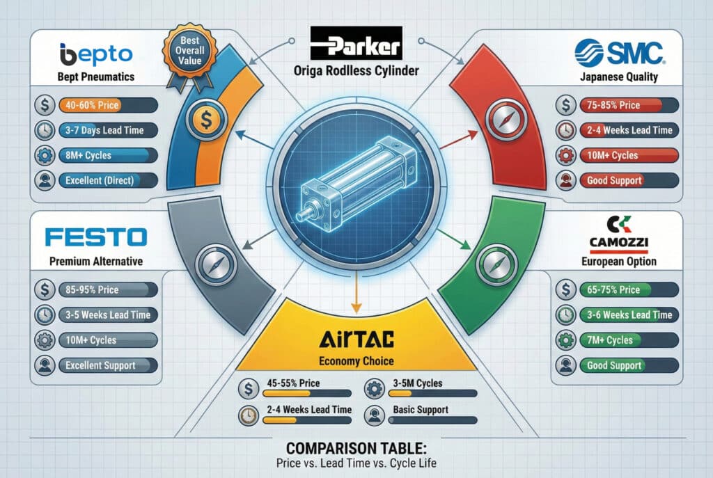 Infografika koja uspoređuje alternative Parker Origa cilindara bez klipa. Centralna ilustracija nacrta Parker cilindra okružena je pet segmentiranih brendova označenih bojama. Bepto Pneumatics (gornji lijevi, plavo/narančasta) označen je kao "Najbolja ukupna vrijednost" s cijenom 40-60%, rokom isporuke od 3-7 dana i više od 8 milijuna ciklusa. SMC (gornji desni, crveni) je "japanska kvaliteta" s cijenom od 75-85%, rokom isporuke od 2-4 tjedna i više od 10 milijuna ciklusa. Camozzi (sredina desno, zeleni) je "europska opcija" s cijenom od 65-75%, rokom isporuke od 3-6 tjedana i više od 7 milijuna ciklusa. Festo (dolje lijevo, sivo/plava) je "premium alternativa" s cijenom od 85-95%, rokom isporuke od 3-5 tjedana i više od 10 milijuna ciklusa. Airtac (dolje u sredini, žuta) je "ekonomski izbor" s cijenom od 45-55%, rokom isporuke od 2-4 tjedna i 3-5 milijuna ciklusa. Naslov u donjem dijelu glasi "USPOREDNA TABLICA: Cijena vs. Rok isporuke vs. Trajnost ciklusa".
