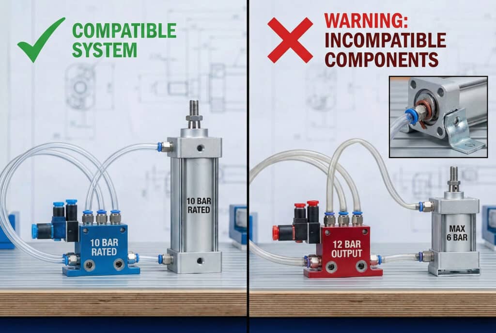Fotografija za usporedbu s podijeljenim ekranom prikazuje "Kompatibilni sistem" na lijevoj strani sa usklađenim pneumatskim komponentama ocijenjenim na 10 BAR, i "Upozorenje: Nekompatibilne komponente" na desnoj strani s ventilom od 12 BAR povezanom na cilindar od 6 BAR, ističući oštećeno brtveno prstenje.