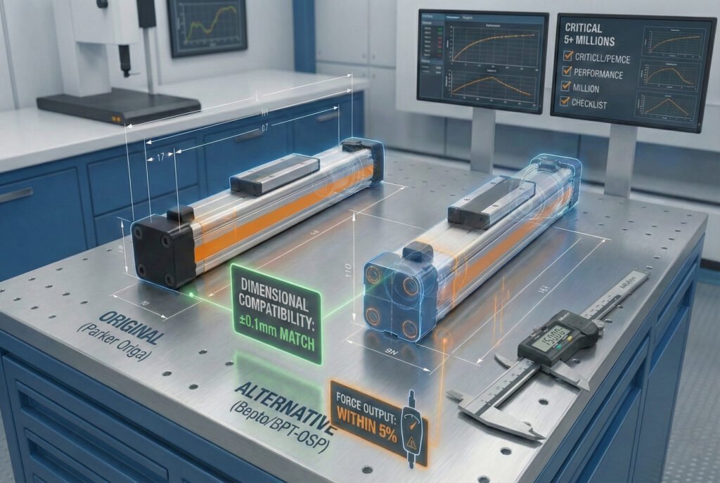 A technical comparison in a laboratory setting showing two pneumatic cylinders side-by-side on a measurement table. The left cylinder is labeled "ORIGINAL (Parker Origa)" and the right is labeled "ALTERNATIVE (Bepto/BPT-OSP)". Overlaying blueprint schematics and glowing callout boxes highlight "DIMENSIONAL COMPATIBILITY: ±0.1mm MATCH" and "FORCE OUTPUT: WITHIN 5%", illustrating the critical specification comparison described in the article. A digital caliper and screens with performance graphs are in the background.