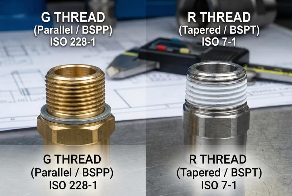 Fotografija tehničke usporedbe rame uz rame u inženjerskom okruženju, koja jasno prikazuje mesingani G-navojni spoj (paralelni BSPP, ISO 228-1) s brtvenom podloškom pored čeličnog R-navojnog spoja (konični BSPT, ISO 7-1) omotanog PTFE trakom.