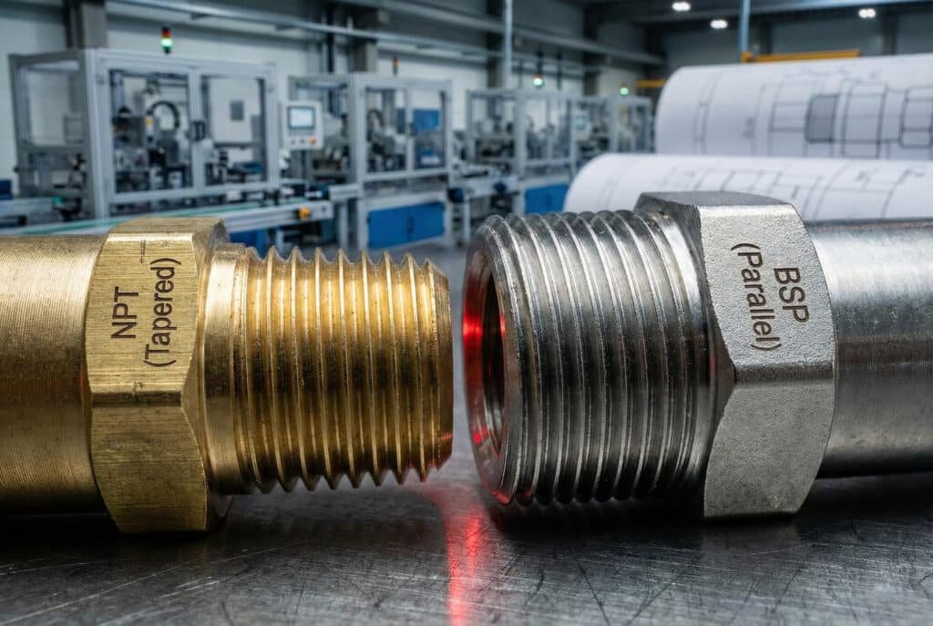 A detailed macro photograph highlighting the incompatibility between a brass NPT tapered thread fitting and a stainless steel BSP parallel thread fitting on an industrial factory workbench, with a red glow emphasizing the mismatch.
