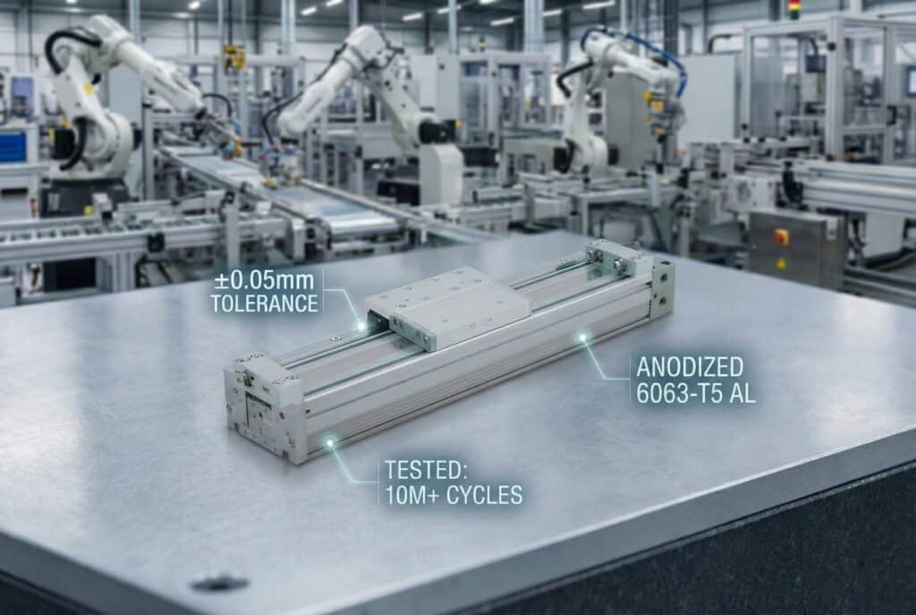 A close-up photograph of a single industrial rodless cylinder resting on a metal table within an automated factory environment. Holographic overlays indicate its technical specifications: "±0.05mm TOLERANCE," "ANODIZED 6063-T5 AL," and "TESTED: 10M+ CYCLES."