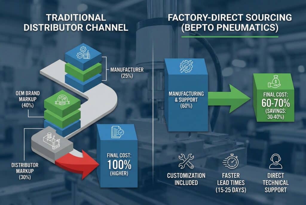 An infographic comparing the cost structures of a traditional distributor channel versus factory-direct sourcing from Bepto Pneumatics. The left side shows a complex path with markups leading to a higher final cost, while the right side shows a direct path with lower final costs, customization, faster lead times, and direct support.