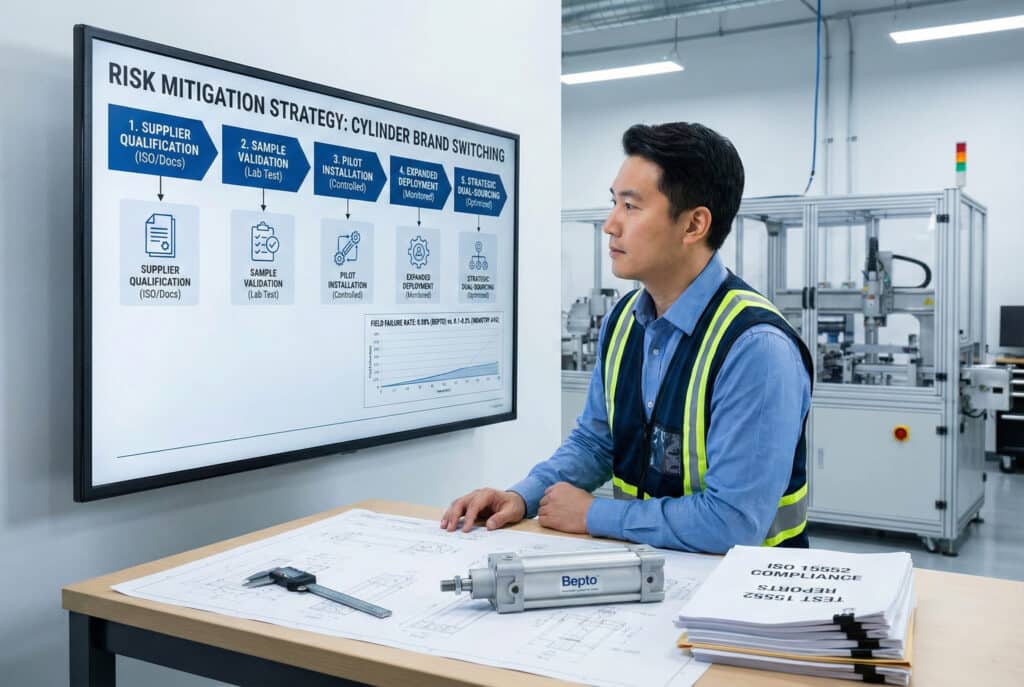 Um engenheiro asiático num escritório industrial moderno analisa um fluxograma digital "Estratégia de mitigação de riscos: Mudança de Marca de Cilindro" num ecrã de grandes dimensões. Na sua secretária estão desenhos técnicos, um cilindro pneumático Bepto e uma pilha de documentos intitulada "Relatórios de Conformidade ISO 15552", que ilustra o rigoroso processo de validação de fornecedores alternativos.