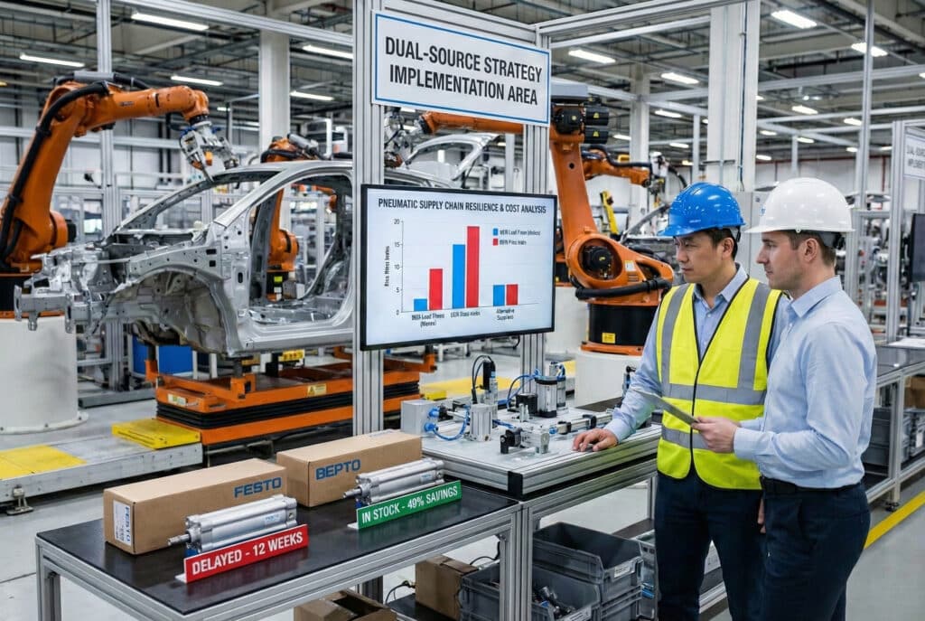 Dois profissionais da indústria, um asiático com um colete amarelo e um ocidental, encontram-se numa moderna fábrica de montagem de automóveis, junto a uma bancada de trabalho designada por 'Área de Implementação da Estratégia de Dupla Origem'. Estão a rever um ecrã de dados que apresenta um gráfico de 'Resiliência da cadeia de abastecimento pneumática e análise de custos'. Na bancada de trabalho, uma caixa de cilindros 'Festo' atrasada é contrastada com uma caixa de cilindros 'Bepto' em stock rotulada com '40% SAVINGS', ilustrando a mudança estratégica no aprovisionamento.