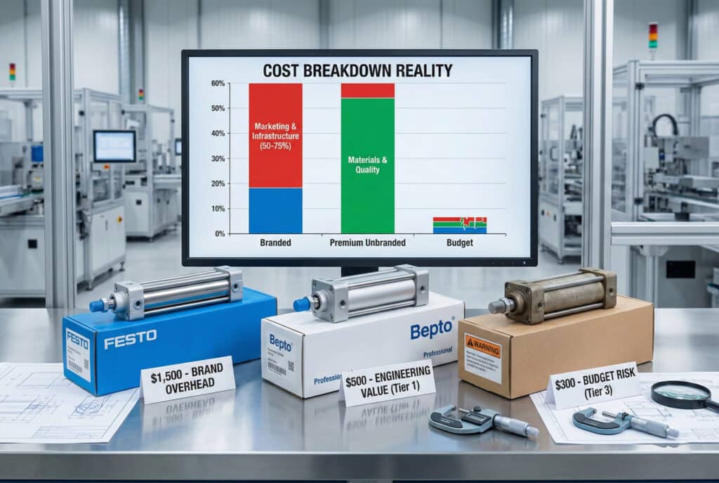 Uma comparação fotográfica numa bancada de trabalho industrial que mostra três cilindros pneumáticos: um cilindro de marca 'Festo' com uma etiqueta de preço elevado, um cilindro premium sem marca 'Bepto' com uma etiqueta de preço médio que realça o valor da engenharia e um cilindro genérico económico com uma etiqueta de preço baixo e um aviso de risco. Um monitor por detrás deles apresenta um gráfico de barras que ilustra o 'Cost Breakdown Reality', mostrando os elevados custos de marketing para a opção de marca versus a elevada qualidade do material para a opção sem marca de qualidade superior.