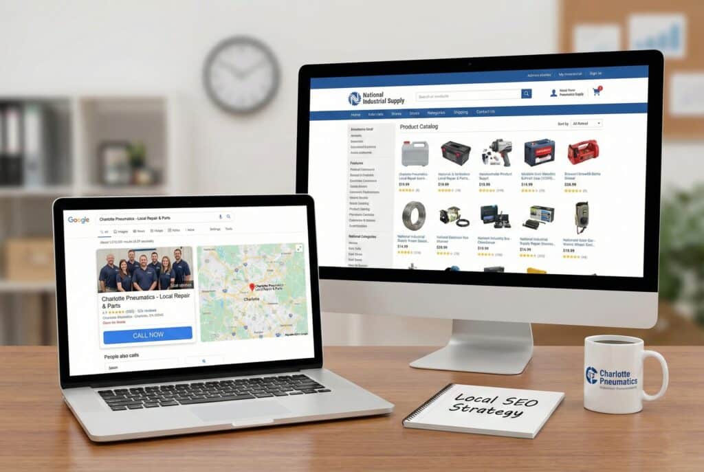 A split-screen comparison on a desk shows a laptop displaying a Google local search result for "Charlotte Pneumatics - Local Repair & Parts," emphasizing local presence, next to a desktop monitor showing a generic e-commerce site for "National Industrial Supply." A notebook with "Local SEO Strategy" and a "Charlotte Pneumatics" branded mug are also on the desk, illustrating the local strategy.