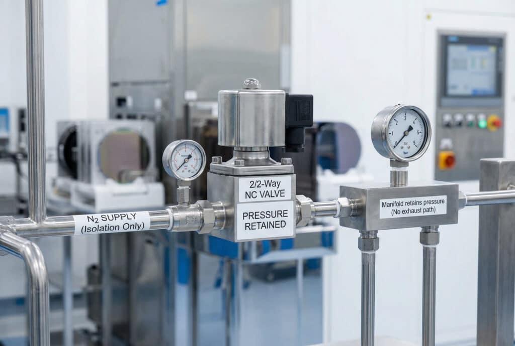 מתקן לייצור מוליכים למחצה הכולל שסתום NC דו-כיווני. מד הלחץ במורד הזרם מציג את הלחץ הנשמר, ומדגים באופן ויזואלי את פונקציית הבידוד של השסתום, כאשר יש לשמור על הלחץ לאחר הסגירה.