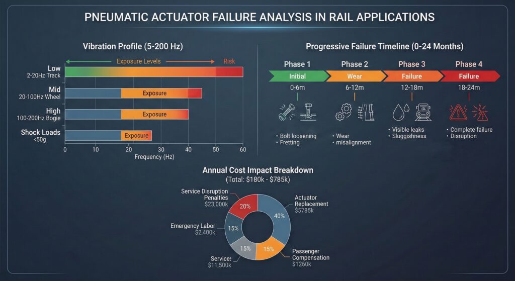 แดชบอร์ดอินโฟกราฟิกข้อมูลอุตสาหกรรมที่ครอบคลุม แสดงการวิเคราะห์ข้อมูลความล้มเหลวของแอคทูเอเตอร์นิวเมติกส์มาตรฐานในการใช้งานระบบขนส่งทางรถไฟ ชื่อกลางคือ 'การวิเคราะห์ความล้มเหลวของแอคทูเอเตอร์นิวเมติกส์ในการใช้งานทางรถไฟ' แดชบอร์ดแบ่งออกเป็นสามส่วนหลัก: 'โปรไฟล์การสั่นสะเทือน (5-200 Hz)' แสดงย่านความถี่และแหล่งที่มาพร้อมระดับความเสี่ยงที่เกี่ยวข้อง (จากราง, ล้อ, โบกี้, ทางแยก); 'ไทม์ไลน์ความล้มเหลวแบบก้าวหน้า (0-24 เดือน)' รายละเอียดระยะที่ 1-4 ของความคืบหน้าความล้มเหลวพร้อมไอคอนและคำอธิบายประกอบ; และ 'การวิเคราะห์ผลกระทบด้านต้นทุนประจำปี (รวม: $180k - $785k)' เป็นแผนภูมิวงกลมแสดงสัดส่วนสำหรับค่าปรับ, การเปลี่ยน, แรงงาน, และค่าชดเชย ความสวยงามเป็น UI ดิจิทัลที่ทันสมัยพร้อมเส้นสายที่สะอาดตาและการเข้ารหัสสีทางเทคนิค สื่อสารเหตุผลที่ขับเคลื่อนด้วยข้อมูลสำหรับความล้มเหลวที่กล่าวถึงในบทความได้อย่างมีประสิทธิภาพ.