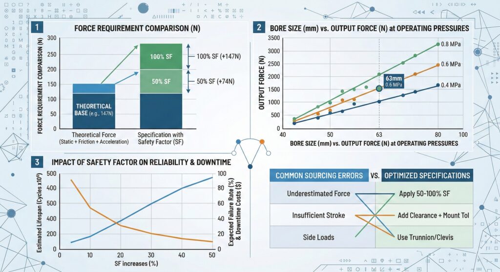 แดชบอร์ดการแสดงข้อมูลที่ซับซ้อนซึ่งแสดงแผนภูมิวิศวกรรมหลายรายการ แผนภูมิแท่งเปรียบเทียบแสดงแรงทางทฤษฎีกับข้อมูลจำเพาะ รวมถึงปัจจัยด้านความปลอดภัย 50-100% แผนภาพความสัมพันธ์แสดงขนาดกระบอกสูบเทียบกับแรงที่แรงดันอากาศต่างๆ เส้นแนวโน้มติดตามอายุการใช้งานของแอคทูเอเตอร์เทียบกับปัจจัยด้านความปลอดภัยที่ใช้ การไหลของข้อมูลรูปทรงเรขาคณิตที่เป็นนามธรรมและสัญลักษณ์ทางวิศวกรรมซ้อนทับบนตัวชี้วัดทางเทคนิค.