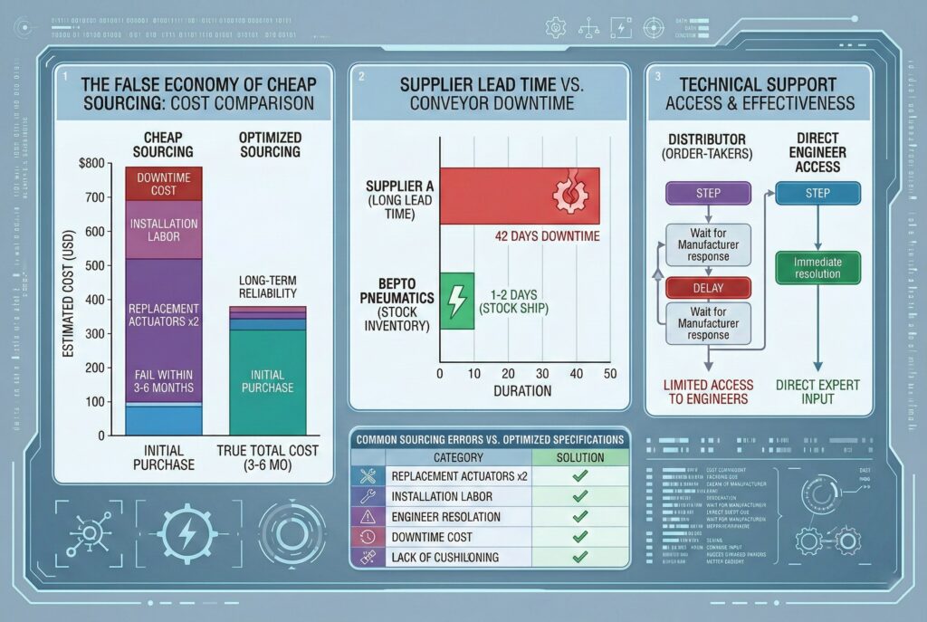 อินโฟกราฟิกโดยละเอียดเปรียบเทียบคุณค่าของการจัดหาแอคทูเอเตอร์ของ Bepto Pneumatics กับ OEM ด้านซ้ายแสดงระยะเวลารอคอย 4-8 สัปดาห์และต้นทุนที่สูงของ OEM ซึ่งทำให้การดำเนินงานล่าช้า ด้านขวาแสดงการจัดส่งสินค้าคงคลัง 24-48 ชั่วโมงและการประหยัดต้นทุน 30-40% ของ Bepto Pneumatics ซึ่งช่วยเร่งและทำให้ประสิทธิภาพของสายพานลำเลียงง่ายขึ้นในฐานะพันธมิตรเชิงกลยุทธ์ จุดข้อมูลกลาง เช่น ราคา การจัดส่ง อายุการใช้งานรอบ การเข้าถึงการสนับสนุนทางเทคนิค การตรวจสอบความเข้ากันได้ และการรับประกัน จะแสดงให้เห็นถึงข้อได้เปรียบที่ชัดเจนของ Bepto ไอคอน เช่น เฟือง การจับมือ ปฏิทิน และสกุลเงิน เป็นสัญลักษณ์ของความเป็นพันธมิตรและการเพิ่มประสิทธิภาพการดำเนินงาน.