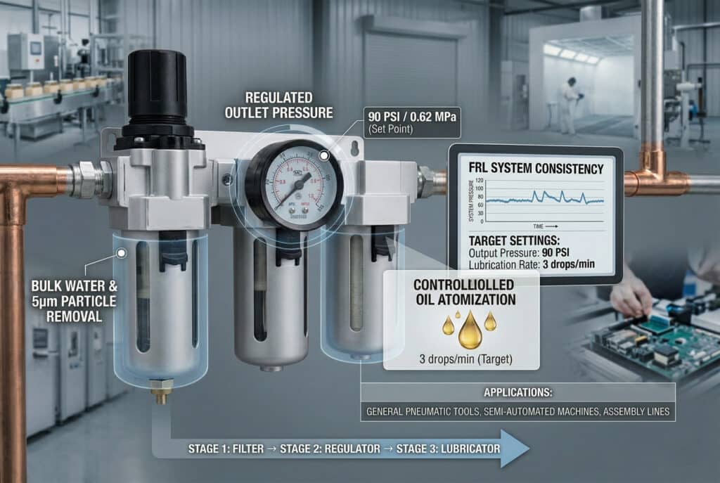Profesionalna inženjerska fotografija koja prikazuje kompletnu komprimiranu zračnu FRL (Filter-Regulator-Lubrikator) jedinicu, kao što je prikazano na slici_6.png, instaliranu u industrijskoj pomoćnoj prostoriji sličnoj slici_4.png. Dinamičke poluprozirne vizualizacije podataka okružuju jedinicu. Manometar pokazuje 90 PSI / 0,62 MPa. Panel s podacima prikazuje stabilnost pritiska tokom vremena. Oznake ukazuju na UKLANJANJE ZATVORENE VODE I ČESTICA (5 µm), REGULISANI IZLAZNI PRITISAK i KONTROLISANO ATOMIZIRANJE ULJA. Strelicama je prikazan lanac obrade zraka.