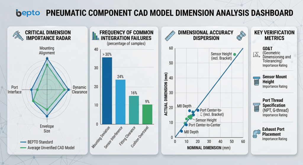 แดชบอร์ดการแสดงข้อมูลแบบครอบคลุมที่วิเคราะห์ปัจจัยด้านมิติที่สำคัญในโมเดล CAD ของระบบนิวเมติก ประกอบด้วยแผนภูมิเรดาร์ที่เปรียบเทียบความสำคัญของการตรวจสอบในแต่ละหมวดหมู่, ฮิสโตแกรมที่แสดงความถี่ของความล้มเหลวในการรวมที่พบบ่อย, แผนภูมิกระจายที่แสดงการกระจายความแม่นยำของมิติโดยเน้นที่ความสูงของเซ็นเซอร์ และแผงที่แสดงตัวชี้วัดการตรวจสอบที่สำคัญ.