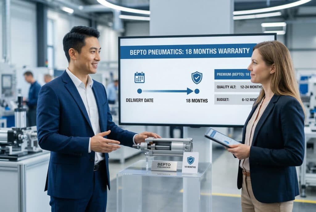 ผู้จัดการฝ่ายขายชายชาวจีนรุ่นใหม่มืออาชีพ ซึ่งเป็นตัวแทนของ Bepto Pneumatics อธิบายการรับประกัน 18 เดือนอย่างมั่นใจ โดยเริ่มนับจากวันที่ส่งมอบสินค้า ตามรายละเอียดที่แสดงบนหน้าจออินโฟกราฟิกสมัยใหม่ ให้กับวิศวกรหญิงชาวอเมริกาเหนือซึ่งดูพึงพอใจ ขณะเดียวกันมีตัวอย่างกระบอกสูบที่มีป้าย 'รับประกัน 18 เดือน' อยู่ระหว่างพวกเขาในห้องประชุมอุตสาหกรรมที่สะอาด.