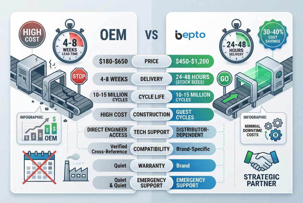อินโฟกราฟิกโดยละเอียดเปรียบเทียบคุณค่าของการจัดหาแอคทูเอเตอร์ของ Bepto Pneumatics กับ OEM ด้านซ้ายแสดงระยะเวลารอคอย 4-8 สัปดาห์และต้นทุนที่สูงของ OEM ซึ่งทำให้การดำเนินงานล่าช้า ด้านขวาแสดงการจัดส่งสินค้าคงคลัง 24-48 ชั่วโมงและการประหยัดต้นทุน 30-40% ของ Bepto Pneumatics ซึ่งช่วยเร่งและทำให้ประสิทธิภาพของสายพานลำเลียงง่ายขึ้นในฐานะพันธมิตรเชิงกลยุทธ์ จุดข้อมูลกลาง เช่น ราคา การจัดส่ง อายุการใช้งานรอบ การเข้าถึงการสนับสนุนทางเทคนิค การตรวจสอบความเข้ากันได้ และการรับประกัน จะแสดงให้เห็นถึงข้อได้เปรียบที่ชัดเจนของ Bepto ไอคอน เช่น เฟือง การจับมือ ปฏิทิน และสกุลเงิน เป็นสัญลักษณ์ของความเป็นพันธมิตรและการเพิ่มประสิทธิภาพการดำเนินงาน.