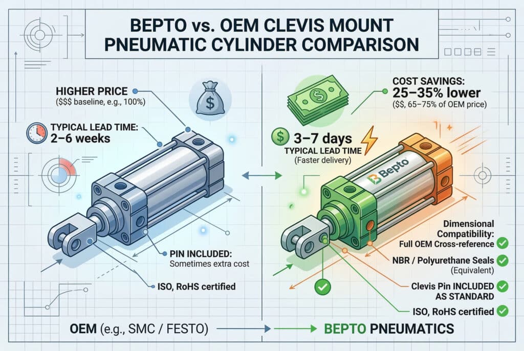 ภาพประกอบอินโฟกราฟิกทางเทคนิคที่เปรียบเทียบข้อต่อแบบคลีวิสสำหรับกระบอกลมนิวเมติกส์ทั่วไปจากผู้ผลิตอุปกรณ์ดั้งเดิม (OEM) เช่น SMC หรือ Festo กับผลิตภัณฑ์ที่เทียบเท่าจาก Bepto Pneumaticsการเปรียบเทียบนี้ชี้ให้เห็นว่า Bepto ให้บริการการอ้างอิงข้าม OEM อย่างครบถ้วน, ประหยัดต้นทุนได้ 25-35%, ระยะเวลาการผลิตปกติ 3-7 วัน เมื่อเทียบกับ 2-6 สัปดาห์สำหรับ OEM, มีพินคลีวิสเป็นมาตรฐาน, ซีล NBR/โพลียูรีเทนที่เทียบเท่า, และได้รับการรับรอง ISO และ RoHS ครบถ้วน มีไอคอนกราฟิกขนาดเล็กแทนเงิน, เวลา, และคุณภาพ ติดตั้งไว้บนแต่ละด้าน รูปแบบสะอาดและมืออาชีพ เหมาะสำหรับบริบททางวิศวกรรมและการค้า.