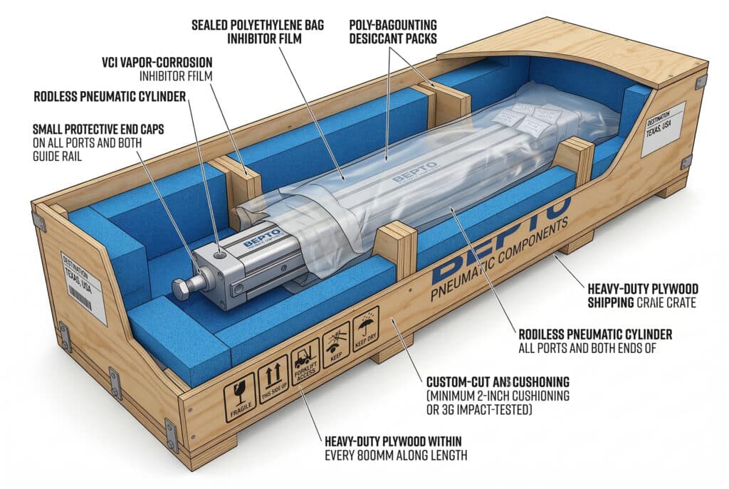 แผนภาพตัดขวางทางเทคนิคที่แสดงระบบบรรจุภัณฑ์ป้องกันหลายชั้นสำหรับกระบอกสูบแบบไม่มีก้าน Bepto ซึ่งประกอบด้วยฝาครอบป้องกัน ฟิล์ม VCI ซองดูดความชื้น โฟมกันกระแทกที่ตัดตามแบบ และลังไม้หนาพิเศษพร้อมโครงเสริมภายใน ตามข้อกำหนดสำหรับการขนส่งที่ปลอดภัยไปยังรัฐเท็กซัส.