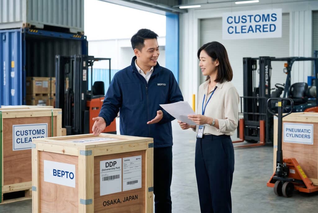 ภาพระยะใกล้ของตัวแทนโลจิสติกส์มืออาชีพชาวจีนจาก Bepto ที่กำลังช่วยเหลือผู้เชี่ยวชาญด้านการจัดซื้อชาวญี่ปุ่นในพื้นที่รับสินค้าที่ทันสมัย ขณะที่ลังไม้บรรจุหีบห่ออย่างดีซึ่งติดป้าย DDP และมุ่งหน้าไปยังโอซาก้านั่งอยู่ข้างเธอ สะท้อนถึงความสบายใจที่มอบให้โดยบริการโลจิสติกส์มืออาชีพและการเลือกผู้ให้บริการขนส่งที่เหมาะสม.