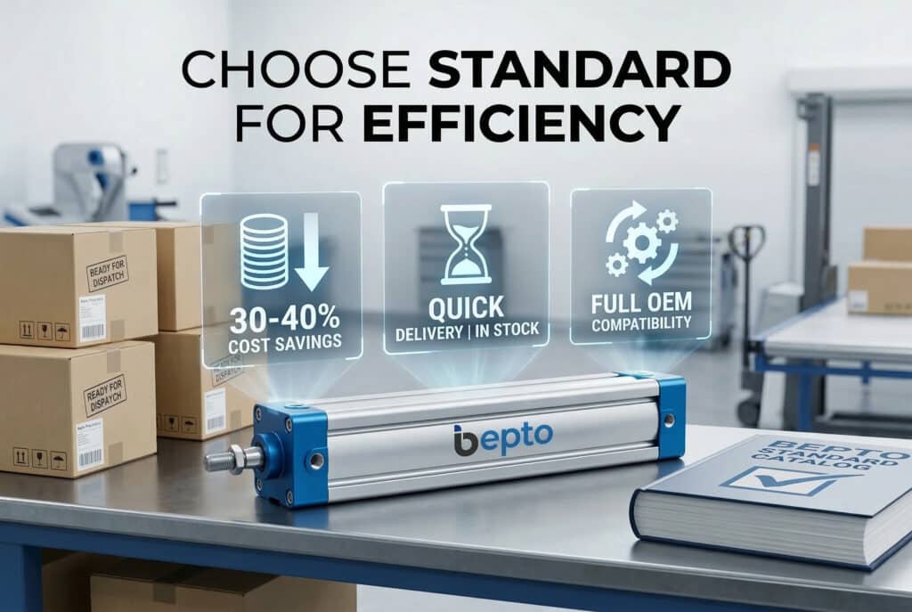 ภาพโปรโมชันจาก Bepto Pneumatics ที่เน้นย้ำถึงประโยชน์หลักของกระบอกสูบไร้ก้านมาตรฐานของพวกเขา ซึ่งรวมถึงการประหยัดต้นทุน 30-40% การจัดส่งที่รวดเร็ว และความเข้ากันได้กับ OEM อย่างเต็มที่ โดยมีแคตตาล็อกสินค้าและคลังสินค้าเป็นฉากหลัง ภายใต้หัวข้อ "เลือกมาตรฐานเพื่อประสิทธิภาพ".