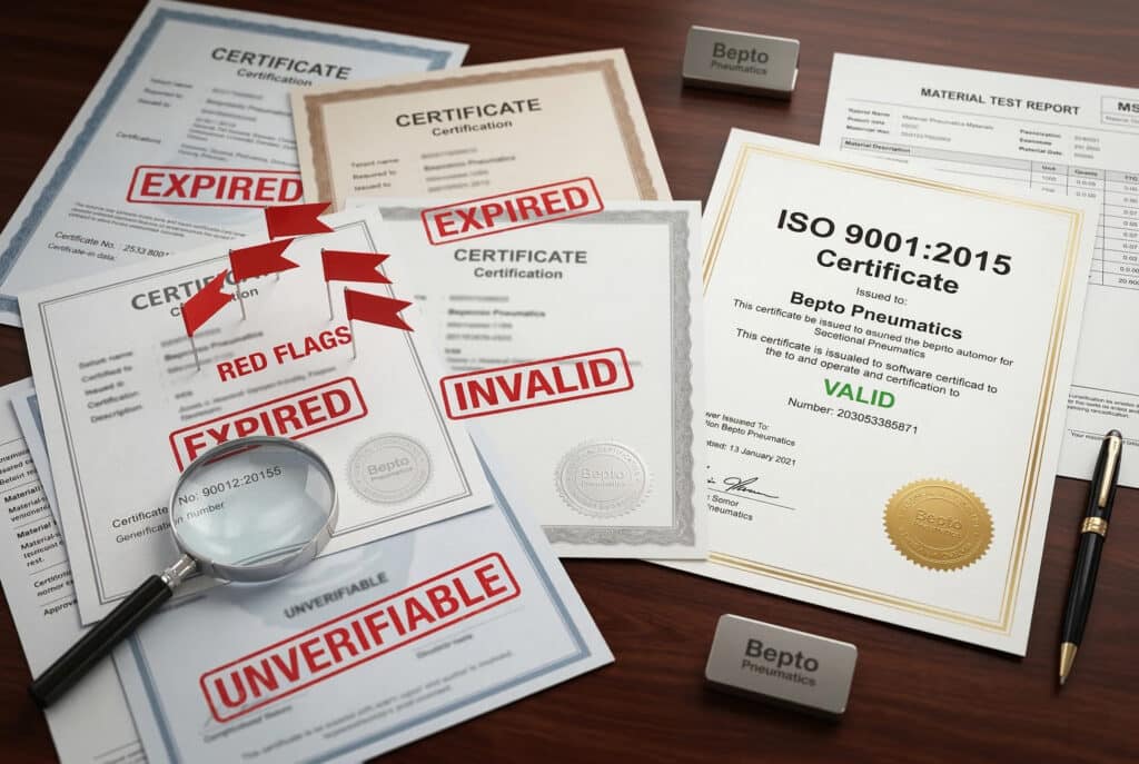 การเปรียบเทียบเอกสารรับรองอุตสาหกรรมที่ถูกต้องและไม่มีผลบังคับใช้สำหรับชิ้นส่วนระบบนิวเมติก โดยเอกสารรับรองจาก 'Bepto Pneumatics' ดูเหมือนจะเป็นของแท้ ในขณะที่ตัวอย่างอื่นๆ แสดงสัญญาณเตือน เช่น 'หมดอายุ' และ 'ไม่สามารถตรวจสอบได้' และมีธงแดงขนาดเล็กปักอยู่ด้วย.