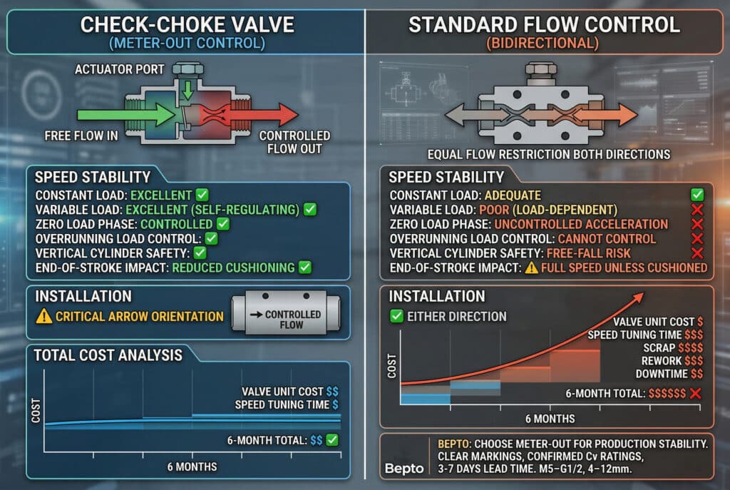 อินโฟกราฟิกเปรียบเทียบแบบแยกส่วนในอัตราส่วน 3:2 แสดงวาล์วตรวจสอบและปิดกั้น (วาล์วควบคุมการจ่าย) ทางด้านซ้าย และวาล์วควบคุมการไหลสองทิศทางมาตรฐานทางด้านขวา ด้านซ้ายแสดงการไหลเข้าอิสระและการไหลออกที่ถูกควบคุมด้วยลูกศรทิศทางที่ชัดเจน ในขณะที่ด้านขวาแสดงการจำกัดการไหลสองทิศทางแบบสมมาตรใต้แต่ละวาล์ว แผนภูมิเปรียบเทียบความเสถียรของความเร็วแสดงให้เห็นว่าวาล์ว Check-Choke ทำงานได้อย่างน่าเชื่อถือภายใต้โหลดคงที่ โหลดแปรผัน ไม่มีโหลด โหลดเกิน และในสภาวะกระบอกสูบแนวตั้ง ในขณะที่วาล์วควบคุมการไหลมาตรฐานเพียงเพียงพอภายใต้โหลดคงที่และทำงานได้ไม่ดีในกรณีอื่นๆ ส่วนการติดตั้งเน้นทิศทางลูกศรที่สำคัญของตัววาล์ว Check-Choke เทียบกับทิศทางการติดตั้งที่ยืดหยุ่นของวาล์วมาตรฐานกราฟวิเคราะห์ต้นทุนรวมระยะเวลาหกเดือน เปรียบเทียบต้นทุนวาล์ว เวลาปรับจูน ขยะ การทำงานซ้ำ และเวลาหยุดทำงาน แสดงให้เห็นว่าวาล์ว Check-Choke มีราคาเริ่มต้นสูงกว่าเล็กน้อย แต่มีต้นทุนการดำเนินงานในระยะยาวต่ำกว่าอย่างมีนัยสำคัญเนื่องจากมีความเสถียรด้านความเร็วที่ดีกว่า ส่วนล่างประกอบด้วยโลโก้ Bepto และข้อมูลผลิตภัณฑ์สำหรับขนาด M5 ถึง G1/2 ท่อขนาด 4–12 มม. และระยะเวลาการผลิต 3–7 วันสะอาด, สไตล์อินโฟกราฟิกอุตสาหกรรมมืออาชีพ ไม่มีผู้คน.