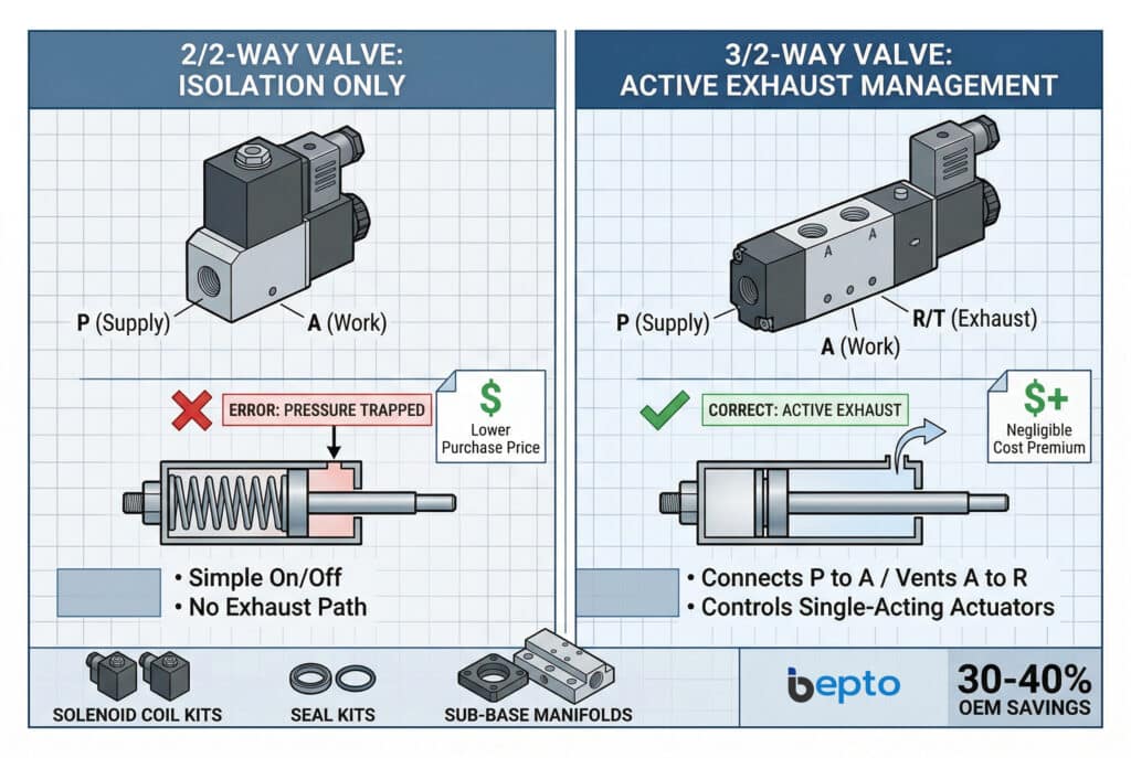 תרשים תעשייתי המציג השוואה בין שסתומים פנאומטיים דו-כיווניים (2/2) ורב-כיווניים (3/2), המדגיש את ההבדלים בתצורת היציאות, בתפקוד עם מפעילים חד-כיווניים ובשיקולי העלות, תוך התמקדות ברכיבי החלפה של Bepto.