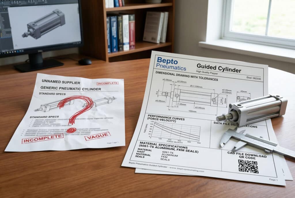 การเปรียบเทียบแบบเคียงข้างกันแสดงให้เห็นเอกสารข้อมูลผลิตภัณฑ์สองชุดที่แตกต่างกัน ชุดหนึ่งจาก 'ซัพพลายเออร์คุณภาพต่ำ' ถูกยับและคลุมเครือ ในขณะที่เอกสารที่สมบูรณ์และเป็นมืออาชีพสำหรับ 'กระบอกสูบนำทาง Bepto Pneumatics' มีรายละเอียดและแม่นยำ รวมถึงข้อกำหนดความคลาดเคลื่อนและข้อมูลวัสดุ ซึ่งเน้นย้ำถึงความสำคัญของการระบุข้อมูลที่ชัดเจนสำหรับวิศวกร.