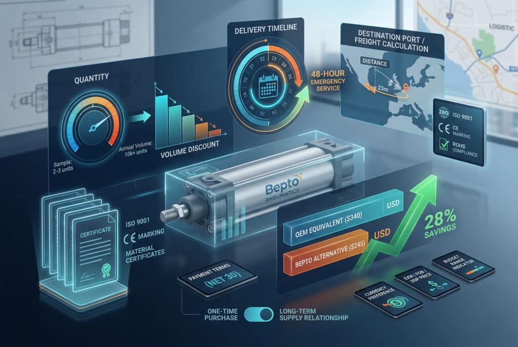 Premium, visokotehnološka konceptualna nadzorna ploča za vizualizaciju podataka koja prikazuje različite komercijalne uvjete u zahtjevu za ponudu (RFQ) za pneumatski cilindar, uključujući brojčanike za količinu, kalendare isporuke s 48-satnom uslugom, odredišne luke, ISO certifikate i usporedbu cijena između OEM ekvivalenta i Bepto alternative, pokazujući uštedu od 28%.