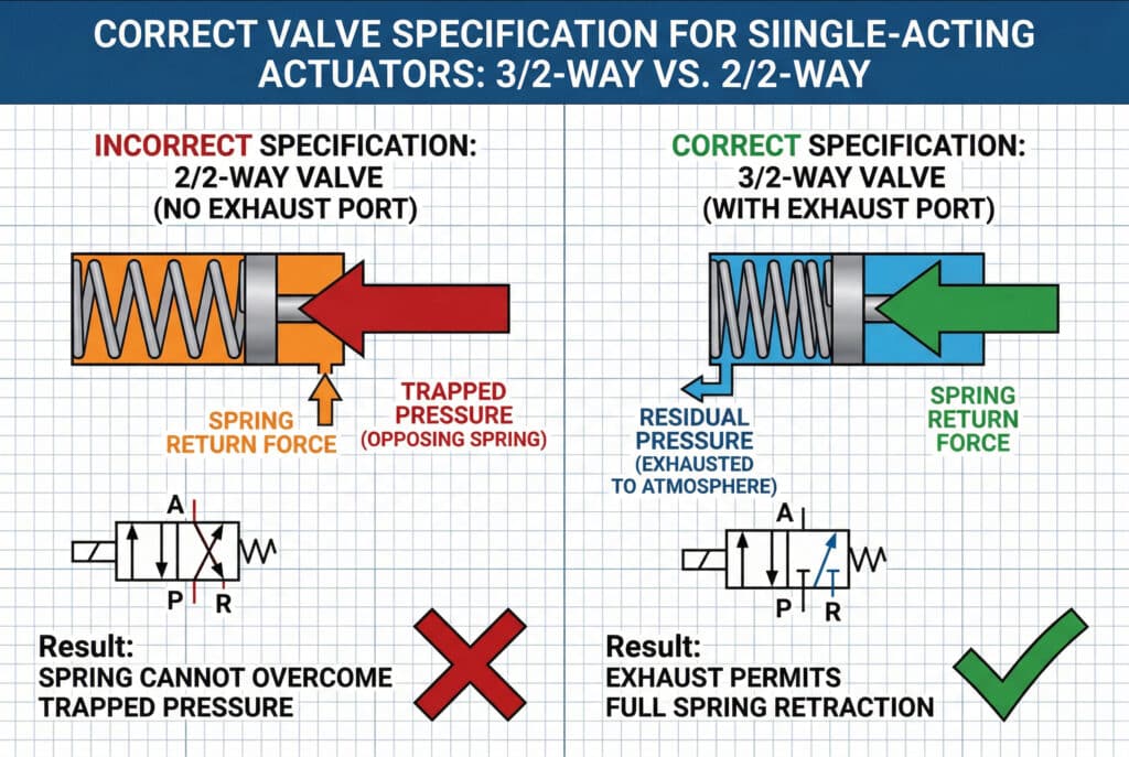 תרשים טכני המציג זה לצד זה כיצד שימוש לא נכון בשסתום דו-כיווני (משמאל) לוכד את הלחץ ומונע מהצילינדר בעל החזרה קפיצית להתכווץ, בעוד שהשימוש הנכון בשסתום תלת-כיווני (מימין) מאפשר את שחרור הלחץ ואת התכווצות מלאה של הקפיץ. חצים גדולים המסמנים את הכוח וסמלים (X וסימן V) מדגישים את ההבדל.