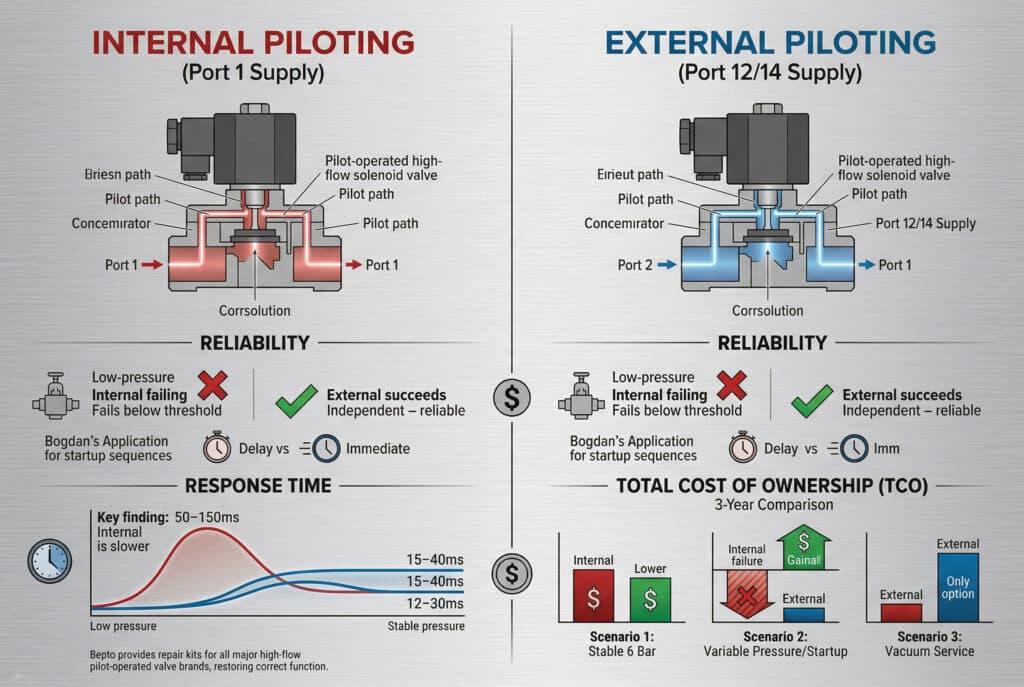 Precizna tehnička infografika podijeljena na dva ekrana s ilustrativnim dijagramima koji kontrastiraju unutrašnje i vanjsko pilotiranje kod solenoidnih ventila s velikim protokom. Lijeva strana (unutrašnje pilotiranje) prikazuje ventil koji se napaja iz priključka 1 i otkazuje pri niskom pritisku, označeno crvenim 'X'. Desna strana (vanjsko pilotiranje) prikazuje ventil koji se napaja iz priključka 12/14, neovisan i pouzdan. Ispod se nalaze poređenja pouzdanosti (stabilan naspram niskog pritiska), vremena odziva (s krivuljama za 'Brzo' naspram 'Najbrže' i 'Sporo' pri niskom pritisku) i ukupnih troškova vlasništva (3 scenarija za stabilan, varijabilni/pokretni i vakuum). Podaci u milisekundama (npr. 25 ms, 15 ms) služe kao vizualne reference. Cijeli tekst je napisan ispravno na engleskom jeziku.