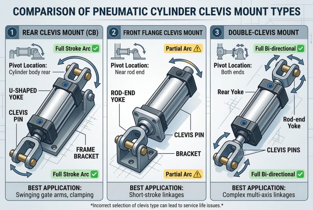 แผนภาพอินโฟกราฟิกทางเทคนิคสมัยใหม่ที่เปรียบเทียบประเภทหลักของตัวยึดแบบคลีวิสสำหรับกระบอกลม โดยมีสามแผงแนวนอนที่แยกออกจากกันอย่างชัดเจน แผนภาพมีป้ายกำกับภาษาอังกฤษที่ชัดเจนในแบบอักษรวิศวกรรมมืออาชีพ ไม่มีความรก แต่ละแผงมีความโดดเด่นทางสายตาแต่มีสไตล์ที่สอดคล้องกันด้วยสีเงิน สีเทาเข้ม สีน้ำเงิน สีทองเหลือง และเครื่องหมายถูกหรือไอคอนเตือนที่เป็นคำแนะนำบนพื้นหลังสีเทาที่สะอาดตาพร้อมเส้นโครงร่างและลวดลายตารางที่จางๆอัตราส่วนแนวนอนคือ 3:2 แผง 1: 'จุดยึดคลีวิสด้านหลัง (CB)' แสดงกระบอกลมพร้อมฝาปิดด้านหลังที่ติดตั้งผ่านข้อต่อรูปตัวยูและพินกับขายึดโครง ลูกศรแสดงการเคลื่อนที่ของวงโคจรเต็มจังหวะข้อความชี้ไปที่ 'ตำแหน่งจุดหมุน: ตัวกระบอกด้านหลัง', 'ข้อต่อรูปตัวยู', 'สลักข้อต่อ', 'ขายึดโครง', และระบุ 'การใช้งานที่เหมาะสมที่สุด: แขนประตูสวิง, การจับยึด'เครื่องหมายถูกสีเขียวระบุว่า 'Full Stroke Arc ✅' แผงที่ 2: 'FRONT FLANGE CLEVIS MOUNT' แสดงให้เห็นความแตกต่างโดยแสดงกระบอกสูบอีกอันหนึ่งซึ่งมีข้อต่อรูปตัวยูแบบหมุนได้ติดตั้งอยู่ใกล้กับหน้าแปลนปลายก้านของกระบอกสูบ โดยยึดกับขายึดอีกชิ้นหนึ่ง ลูกศรแสดงการหมุนบางส่วนข้อความชี้ไปที่ 'ตำแหน่งจุดหมุน: ใกล้ปลายก้าน', 'ROD-END YOKE', 'PIN คลีวิส', 'BRACKET' และระบุ 'การใช้งานที่เหมาะสมที่สุด: ระบบเชื่อมต่อระยะสั้น'ไอคอนเตือนสีเหลืองแสดงข้อความว่า 'ส่วนโค้งบางส่วน ⚠️' แผงที่ 3: 'ตัวยึดแบบคานคู่' แสดงกระบอกสูบที่สามซึ่งใช้คานรูปตัวยูและหมุดที่ปลายทั้งสองด้าน (ฝาปิดด้านหลังและปลายก้าน) แสดงการเชื่อมต่อแบบหลายแกนที่ซับซ้อน ลูกศรสองทิศทางแสดงการหมุนที่จุดทั้งสอง ข้อความชี้ไปที่ 'ตำแหน่งจุดหมุน:ทั้งสองด้าน, 'Rear Yoke', 'Rod-end Yoke', 'CLEVIS PINS', และรายการ 'การใช้งานที่ดีที่สุด: การเชื่อมต่อหลายแกนที่ซับซ้อน' เครื่องหมายถูกสีเขียวระบุว่า 'ทิศทางสองทางเต็มรูปแบบ ✅' แผนภาพแสดงและเปรียบเทียบโครงสร้างและช่วงการเคลื่อนไหวที่อนุญาตสำหรับประเภทการติดตั้งแบบคลีวิสหลักทั้งสามประเภทนี้ได้อย่างสำเร็จ ความละเอียดสูง ขอบคมชัด สไตล์ภาพวิศวกรรมที่แม่นยำ ไม่มีคนปรากฏ.