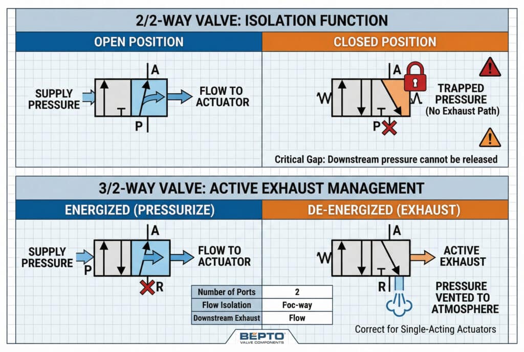 תרשים טכני הממחיש את ההבדלים התפקודיים הבסיסיים בין שסתום פנאומטי דו-כיווני (2/2) לשסתום פנאומטי תלת-כיווני (3/2), תוך הדגשת הפער הקריטי שבו שסתום 2/2 לוכד את הלחץ כשהוא סגור, בעוד ששסתום 3/2 מרוקן באופן פעיל את המעגל במורד הזרם.