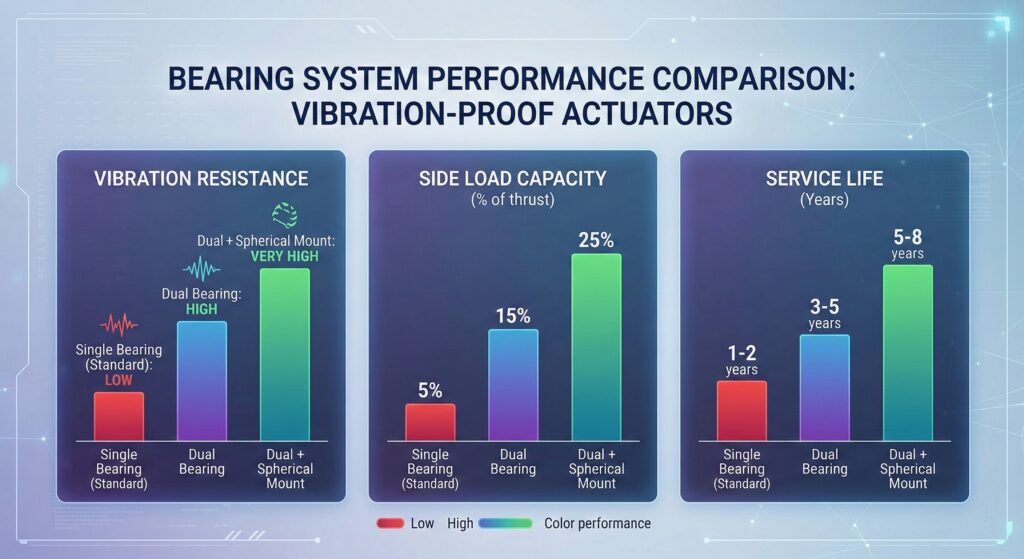 อินโฟกราฟิกทางเทคนิคระดับมืออาชีพที่แสดงเป็นหน้าจอแดชบอร์ดข้อมูลหลายแผงที่ทันสมัย ภาพรวมมีความสวยงามของการแสดงข้อมูลที่สะอาดตาด้วยการไล่ระดับสีฟ้า ม่วง และเขียวในเชิงเทคนิค พร้อมด้วยการเน้นแสงเรืองรองทางเทคนิคที่ละเอียดอ่อน แผงแผนภูมิแท่งเปรียบเทียบสามแผงที่แตกต่างกันจัดเรียงในแนวนอน: "ความต้านทานการสั่นสะเทือน", "ความสามารถในการรับแรงด้านข้าง (% ของแรงขับ)", และ "อายุการใช้งาน (ปี)" แถบแนวตั้งภายในแต่ละแผงเปรียบเทียบระบบ "ลูกปืนเดี่ยว (มาตรฐาน)", "ลูกปืนคู่", และ "ลูกปืนคู่ + ข้อต่อทรงกลม" โดยใช้ค่าประสิทธิภาพเฉพาะ (ต่ำ/สูง/สูงมาก; 5%/15%/25%; และ 1-2/3-5/5-8 ปี) จากบทความ ป้ายข้อความเป็นแบบ Sans-serif ที่สะอาดตาและแม่นยำ ไม่มีภาพประกอบผลิตภัณฑ์จริง.