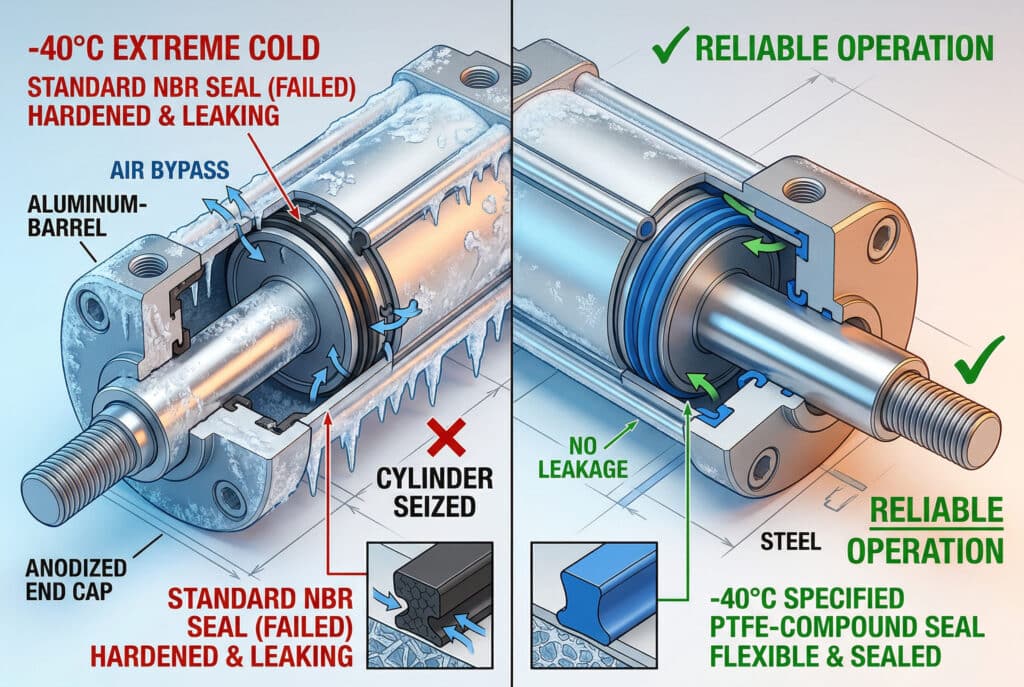 การเปรียบเทียบรายละเอียดทางเทคนิคของหน้าตัดข้ามของกระบอกสูบแบบนิวเมติกที่อุณหภูมิ -40°C ด้านซ้ายแสดงซีล NBR มาตรฐานที่ล้มเหลวซึ่งทำให้อากาศรั่วไหล ในขณะที่ด้านขวาแสดงซีล PTFE-compound ที่ระบุไว้ซึ่งทำงานได้อย่างน่าเชื่อถือโดยไม่มีการรั่วไหล.