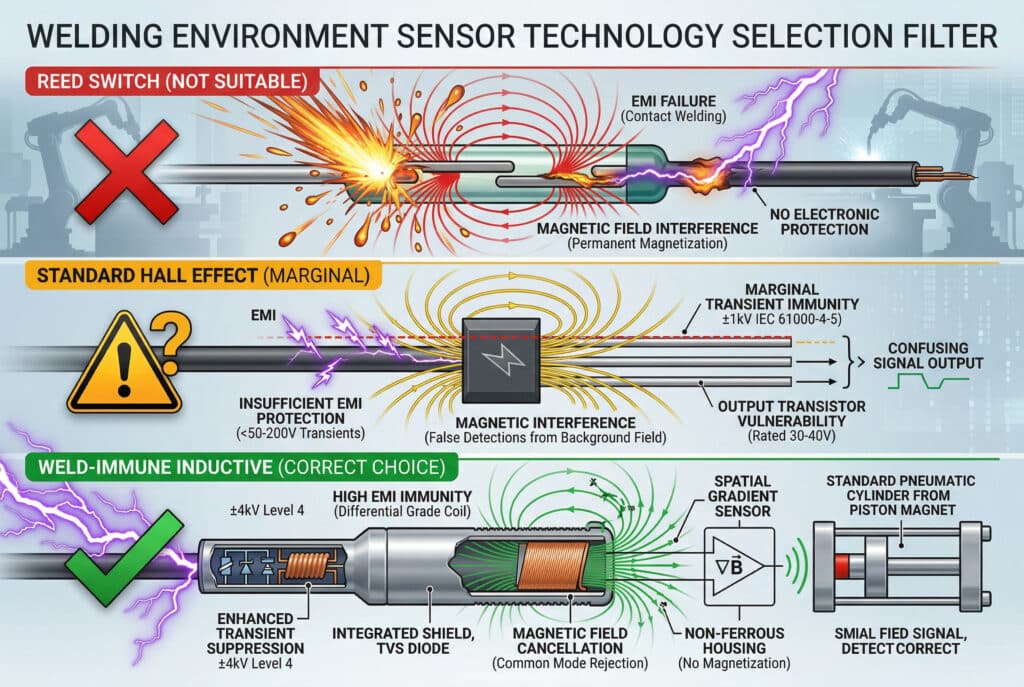 אינפוגרפיקה אנכית ומורכבת המשווה בין שלוש טכנולוגיות חיישנים לסביבות ריתוך. הלוח העליון, בצבע אדום, מציג מתג ריד שנכשל עם ניצוצות ונתזי מתכת מותכת, שכותרתו 'מתג ריד (לא מתאים)' עם 'X' גדול. הוא מציג את תופעות הכשל הוויזואליות וכיתובים: 'כשל EMI (ריתוך במגע)', 'הפרעות שדה מגנטי (מגנטיות קבועה)' ו'ללא הגנה אלקטרונית'. הפאנל האמצעי, בצבע צהוב-כתום, מציג חיישן אפקט הול סטנדרטי, המושפע חלקית מברקים EMI ושדות מגנטיים אך עם הגנה מוגבלת, שכותרתו 'אפקט הול סטנדרטי (שולי)' עם סמל אזהרה צהוב '⚠️' ו-'?' מעליו. כיתובים: 'הגנה לא מספקת מפני הפרעות אלקטרומגנטיות (<50-200V זמניים)', 'הפרעות מגנטיות (זיהויים כוזבים משדה רקע)', ו'פגיעות טרנזיסטור הפלט (מדורג 30-40V)'. ניתן לראות אות מבלבל. הלוח התחתון, בצבע ירוק, מציג חיישן אינדוקטיבי חסין ריתוך, שכותרתו 'WELD-IMMUNE INDUCTIVE (CORRECT CHOICE)' עם סימן ביקורת ירוק גדול '✅'. הוא כולל סלילי מגן ודיודות TVS משולבים וחיישני שיפוע מרחבי עם מעגל זיהוי דיפרנציאלי, החוסמים ברקים EMI ומבטלים שדות מגנטיים כאוטיים. כיתובים: 'חסינות גבוהה ל-EMI (סליל בדרגה דיפרנציאלית)', 'ביטול שדה מגנטי (דחיית מצב משותף)' ו-'מארז לא ברזלי (ללא מגנטיות)'. הוא מציג פלט אות נקי ונכון. הרקע הוא סביבה תעשייתית נקייה ומודרנית. צבעי הסטטוס (אדום, צהוב, ירוק) ברורים ועקביים. אין אנשים בתרשים.