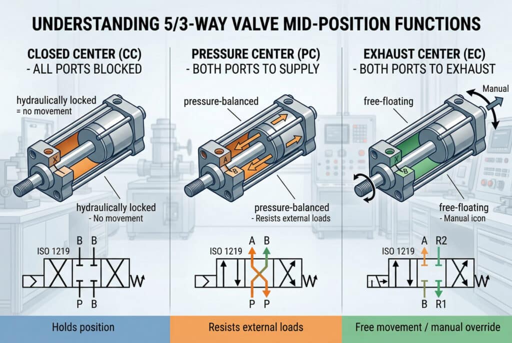 Čista tehnička infografika koja uspoređuje različita ponašanja cilindara u središnjim položajima 5/3-putnih ventila: zatvoreni centar, tlakovni centar i ispušni centar, na osnovu simbola ISO 1219.