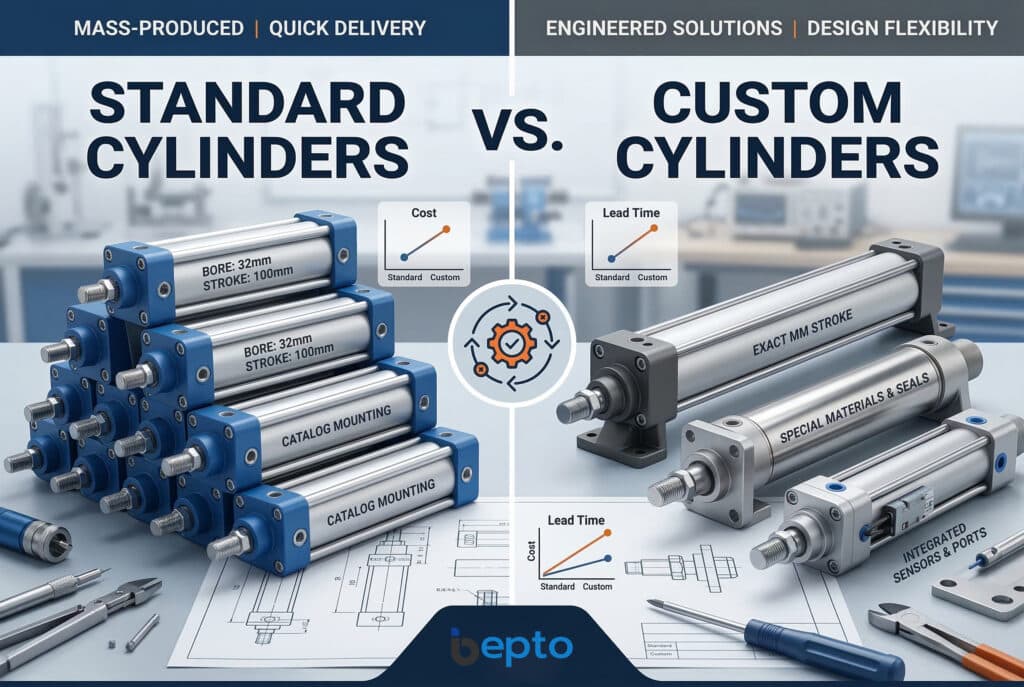 การเปรียบเทียบทางภาพอย่างมืออาชีพที่เน้นความแตกต่างระหว่างกระบอกสูบแบบมาตรฐานที่ผลิตจำนวนมากกับโซลูชันที่ออกแบบเฉพาะจาก Bepto Pneumatics ด้านซ้ายแสดงกระบอกสูบมาตรฐานที่ซ้อนกันซึ่งมีตัวเลือกจำกัด ในขณะที่ด้านขวาแสดงกระบอกสูบที่ออกแบบเฉพาะซึ่งมีคุณสมบัติที่ยืดหยุ่น เช่น สแตนเลส ซีลพิเศษ และเซ็นเซอร์ในตัว รวมถึงกราฟข้อมูลประกอบสำหรับต้นทุนและระยะเวลาในการผลิต.