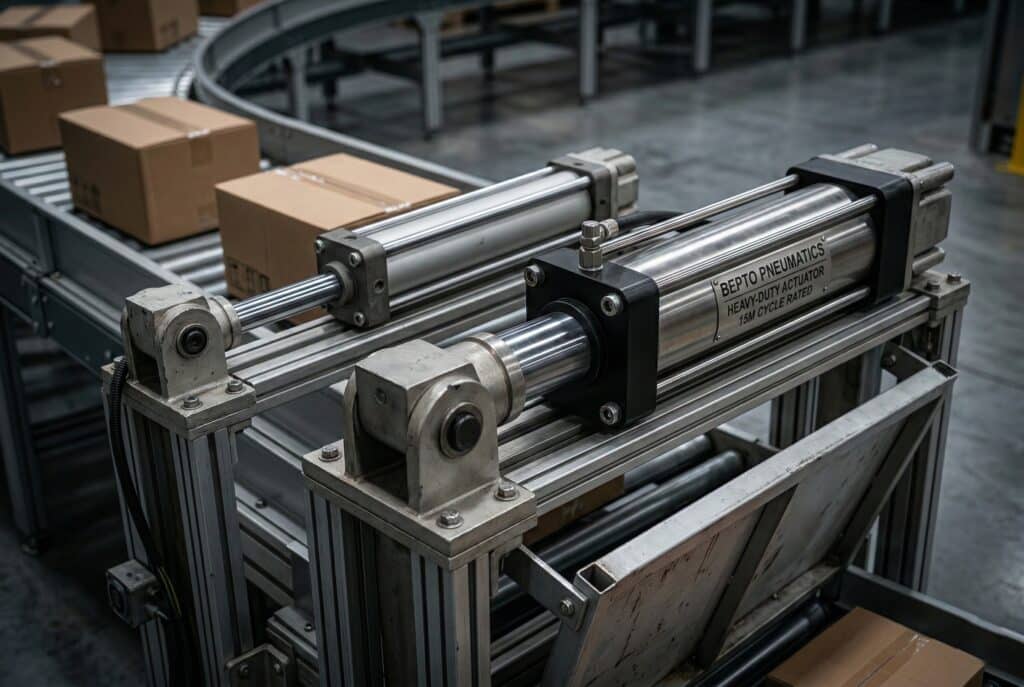 การเปรียบเทียบด้วยภาพของแอคทูเอเตอร์นิวแมติกส์มาตรฐาน (ซ้าย) และแอคทูเอเตอร์สำหรับงานหนักของ Bepto Pneumatics (ขวา) ที่ติดตั้งบนระบบสายพานลำเลียง โดยเน้นที่ก้านลูกสูบที่หนากว่าของรุ่นงานหนัก โครงสร้างที่แข็งแรง และข้อมูลจำเพาะบนป้ายชื่อที่ชัดเจน.