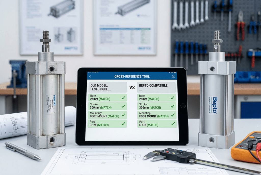 กระบอกสูบที่ล้าสมัยเปรียบเทียบเคียงข้างกับกระบอกสูบทดแทน Bepto, ตรงตามข้อมูลจำเพาะบนเครื่องมืออ้างอิงข้ามแท็บเล็ตเพื่อให้แน่ใจว่ามีความเข้ากันได้.