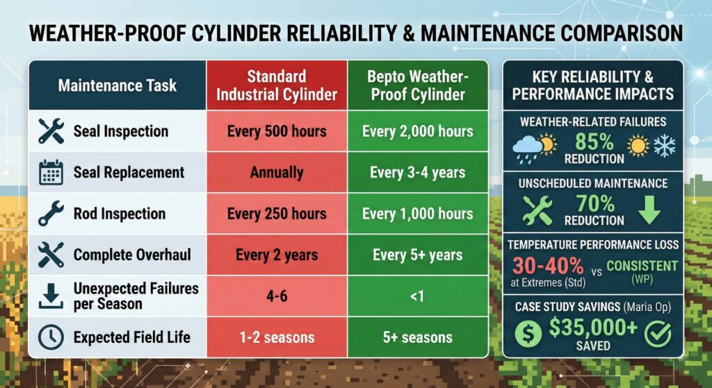 อินโฟกราฟิกมืออาชีพที่เน้นข้อมูลเป็นหลัก ไม่มีรูปภาพผลิตภัณฑ์ หัวข้อ 'การเปรียบเทียบความน่าเชื่อถือและการบำรุงรักษาของกระบอกสูบที่ทนต่อสภาพอากาศ' องค์ประกอบหลักคือตารางเปรียบเทียบขนาดใหญ่ที่มีคอลัมน์: 'งานบำรุงรักษา' (ซ้าย), 'กระบอกสูบอุตสาหกรรมมาตรฐาน' (สีแดง), และ 'กระบอกสูบ Bepto ที่ทนต่อสภาพอากาศ' (สีเขียว)ประกอบด้วยแถวสำหรับ 'การตรวจสอบซีล' (500 ชั่วโมง เทียบกับ 2,000 ชั่วโมง), 'การเปลี่ยนซีล' (รายปี เทียบกับ 3-4 ปี), 'การตรวจสอบแกน' (250 ชั่วโมง เทียบกับ 1,000 ชั่วโมง),'การปรับปรุงใหม่ทั้งหมด' (2 ปี เทียบกับ 5 ปีขึ้นไป), 'ความล้มเหลวที่ไม่คาดคิด' (4-6 เทียบกับ <1 ต่อฤดูกาล) และ 'อายุการใช้งานในภาคสนามที่คาดหวัง' (1-2 เทียบกับ 5 ฤดูกาลขึ้นไป)ทางด้านขวา แผงแยก 'ความน่าเชื่อถือของกุญแจและผลกระทบต่อประสิทธิภาพ' เน้นการลดความล้มเหลวจากสภาพอากาศ 85% การลดการบำรุงรักษาที่ไม่คาดหมาย 70% ความสม่ำเสมอในอุณหภูมิสุดขั้ว และกรณีศึกษาการประหยัดพืชผล $35,000+ พร้อมไอคอน พื้นหลังเป็นรูปแบบเครือข่ายดิจิทัลนามธรรมบนทุ่งนาที่ออกแบบอย่างมีสไตล์.